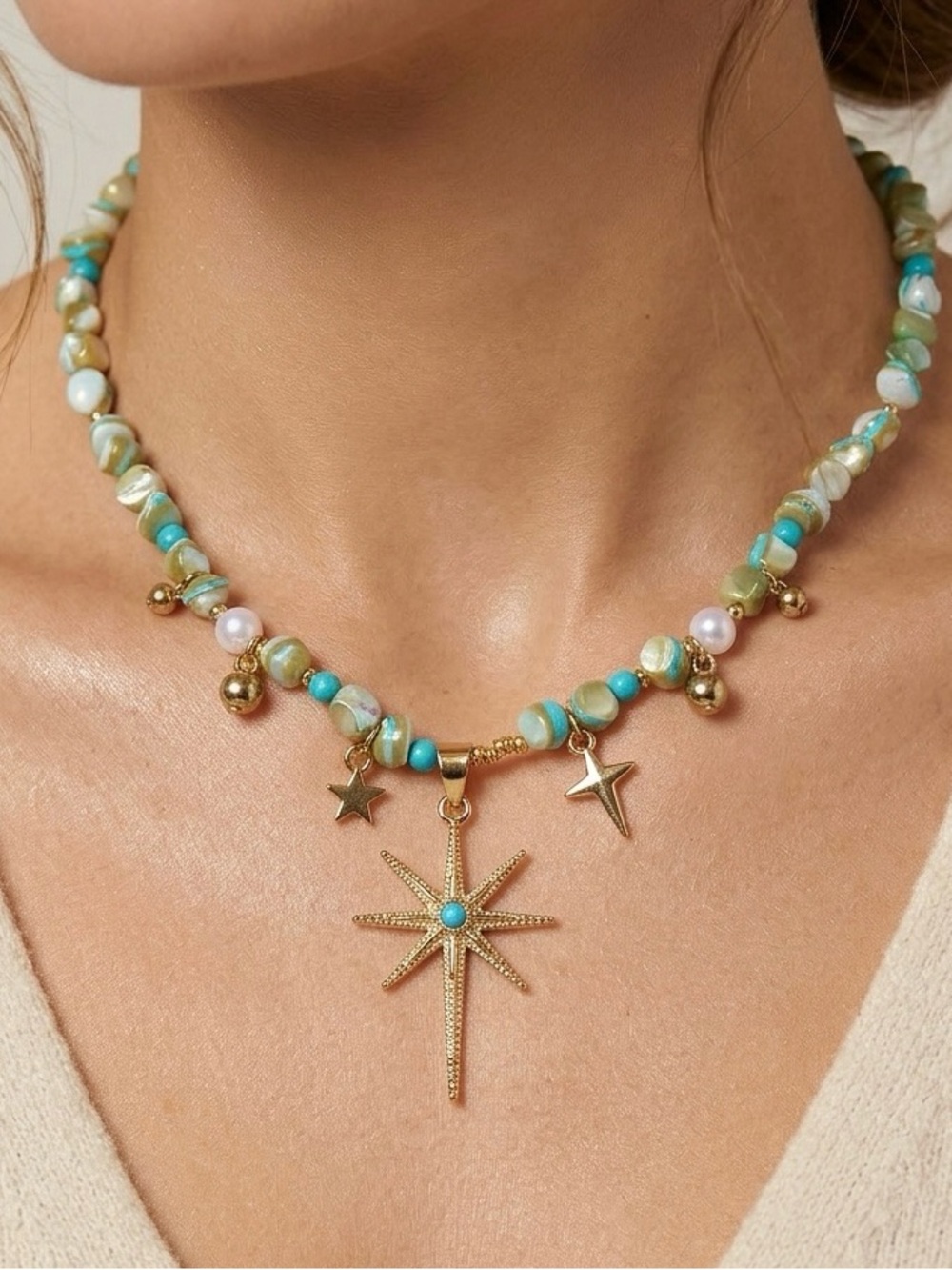 Gold Starburst Pendant Necklace with Turquoise Beads